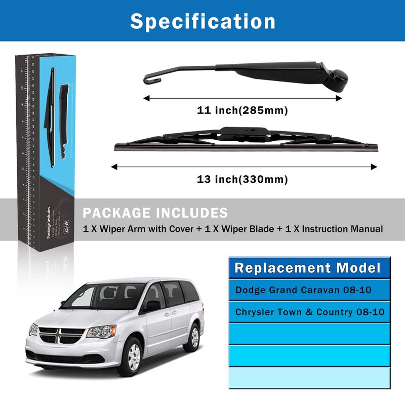 WTI Rear Wiper Arm Blade Set Compatible With Dodge Grand Caravan 2008-2010 / Compatible With Chrysler Town & Country 2008-2010 minivan Rear Windshield Window Wiper Kits Assembly New Replacement - Image 5